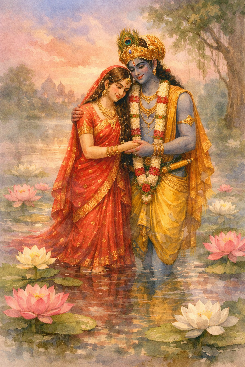 Radha and Krishna standing in shallow lotus pond water with blooming pink and white lotus flowers and morning mist — HD wallpaper